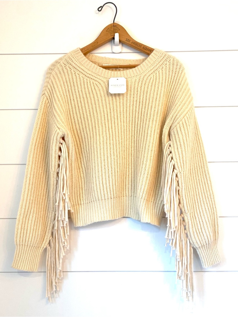 NWT $79.95 ALTAR’D STATE Cream Knit Sweater with Fringe. Size extra small.